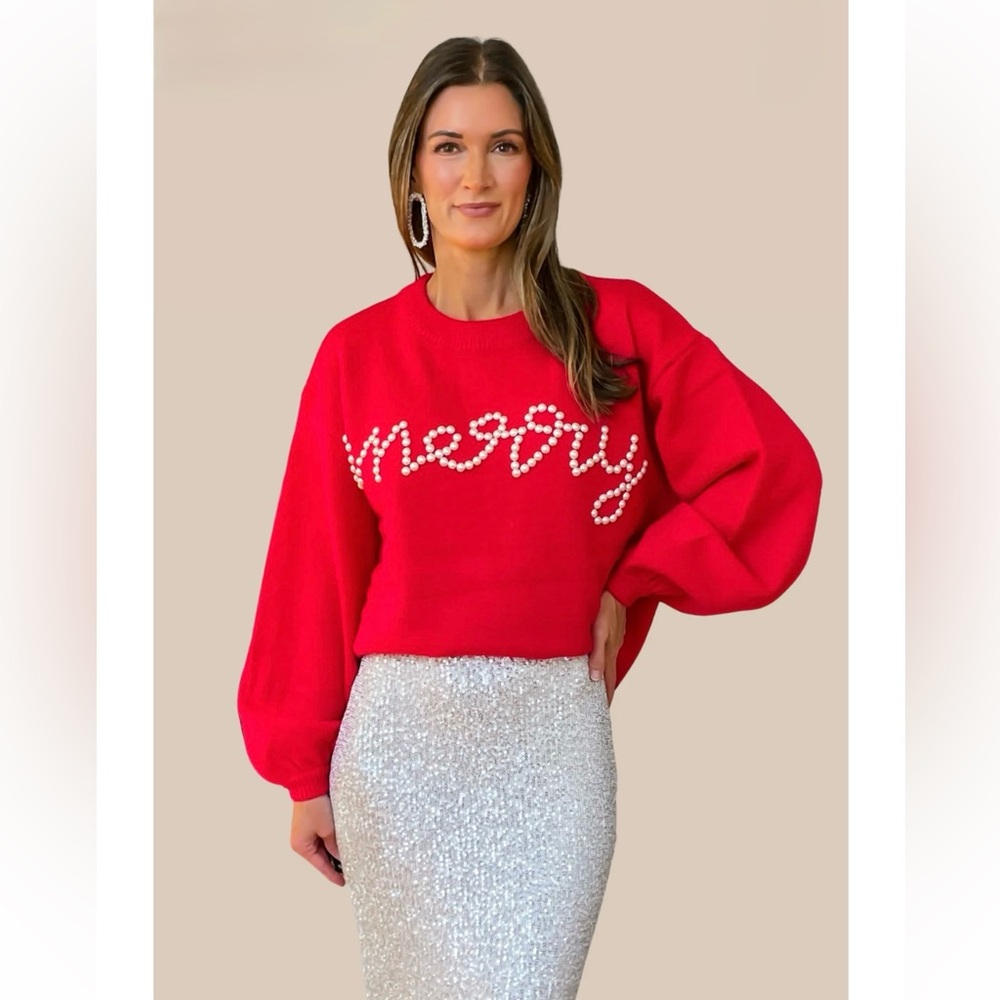 NEW Bibi Merry Christmas holidays pearl 3D sweater champagne brunch CELEBRATE